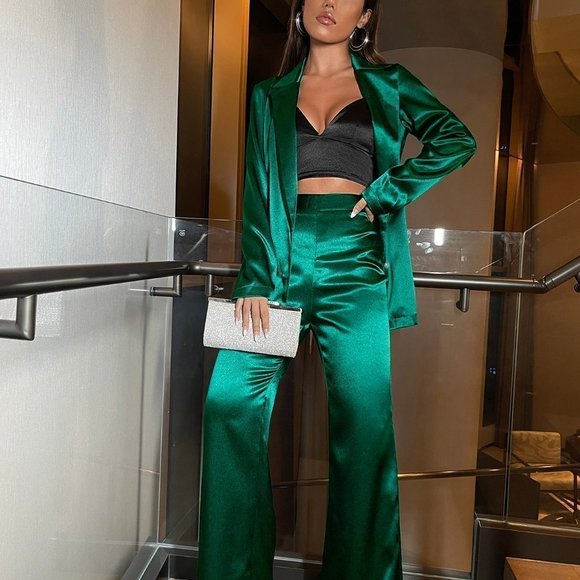 Dark Green Casual Womens Fringe Trim Split Back Single Breasted Blazer & Pants - Picture 2 of 5